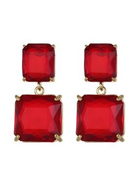 Red Square Drop Earrings in Gold Setting - Women Jewelry